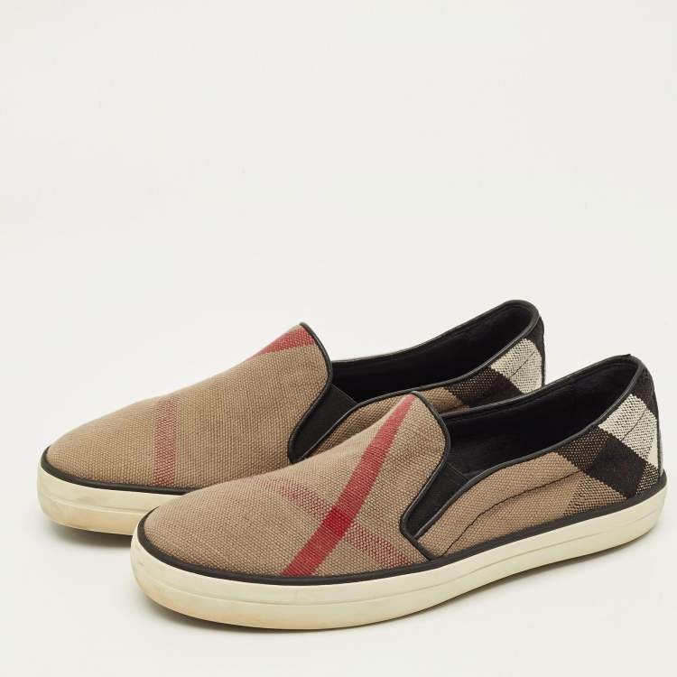 Pre Owned Burberry Gauden Size 38 Black/Beige Nova Check Canvas and Leather Slip On Sneakers