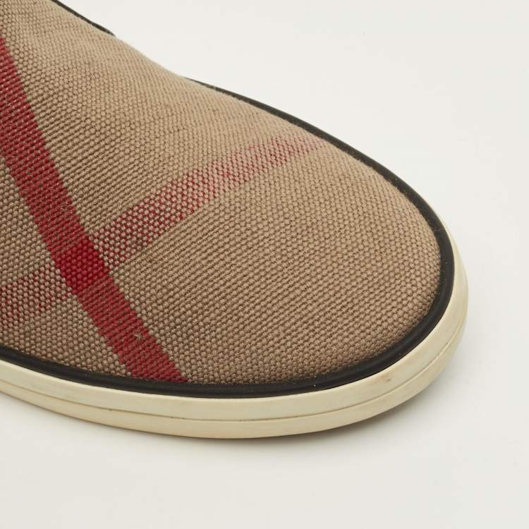 Pre Owned Burberry Gauden Size 38 Black/Beige Nova Check Canvas and Leather Slip On Sneakers