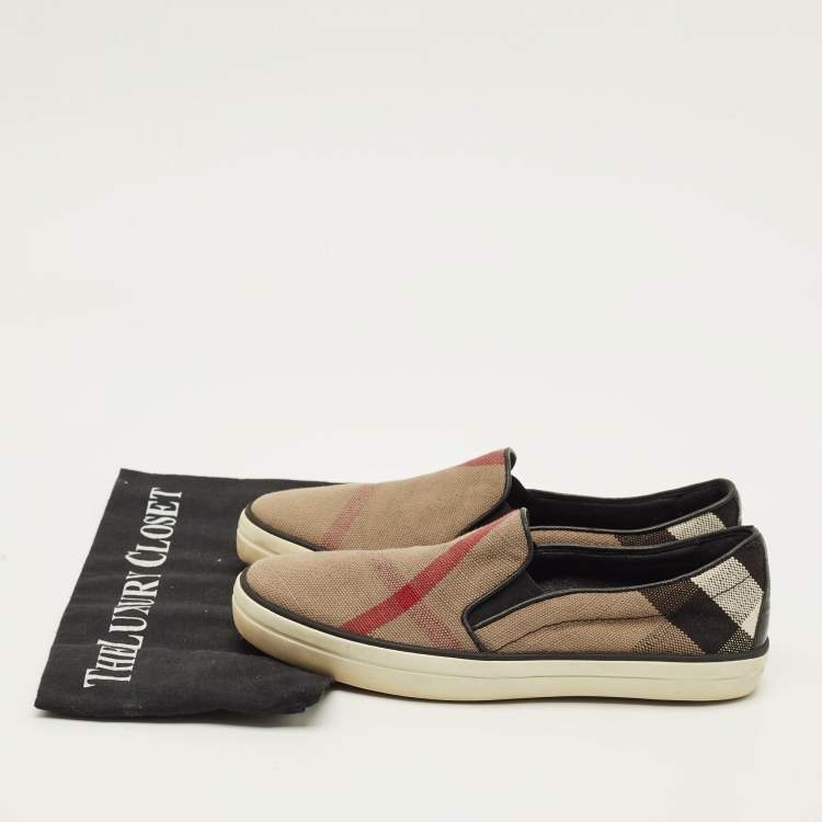 Pre Owned Burberry Gauden Size 38 Black/Beige Nova Check Canvas and Leather Slip On Sneakers