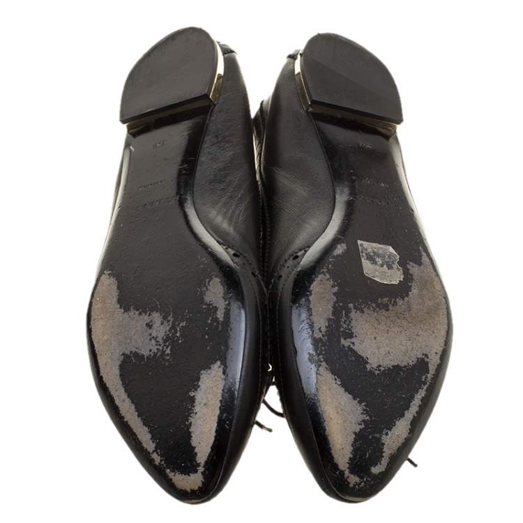 Pre Owned Burberry Black Brogue Leather Wingtip Detail Bow Ballet Flats Size 39.5