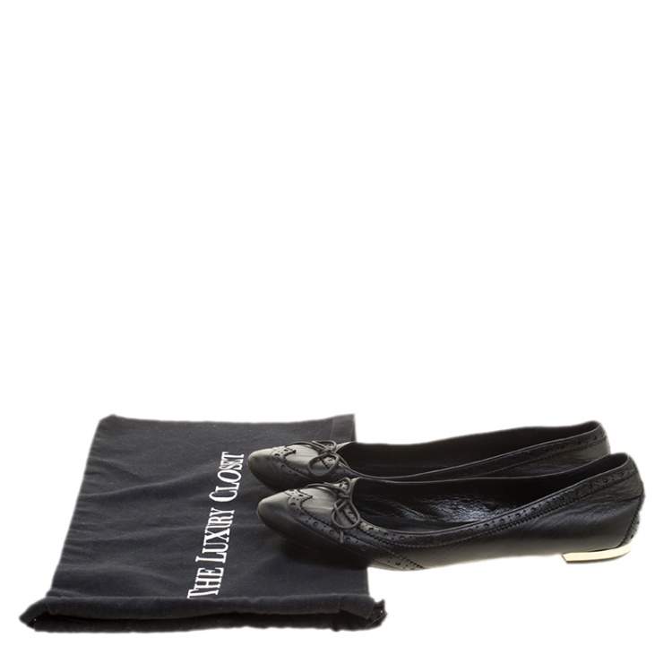 Pre Owned Burberry Black Brogue Leather Wingtip Detail Bow Ballet Flats Size 39.5