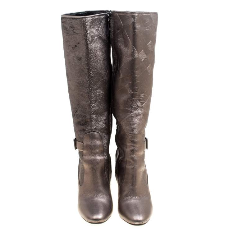 Pre Owned Burberry Metallic Grey Textured Fabric and Leather Buckle Detail Calf Boots Size 37