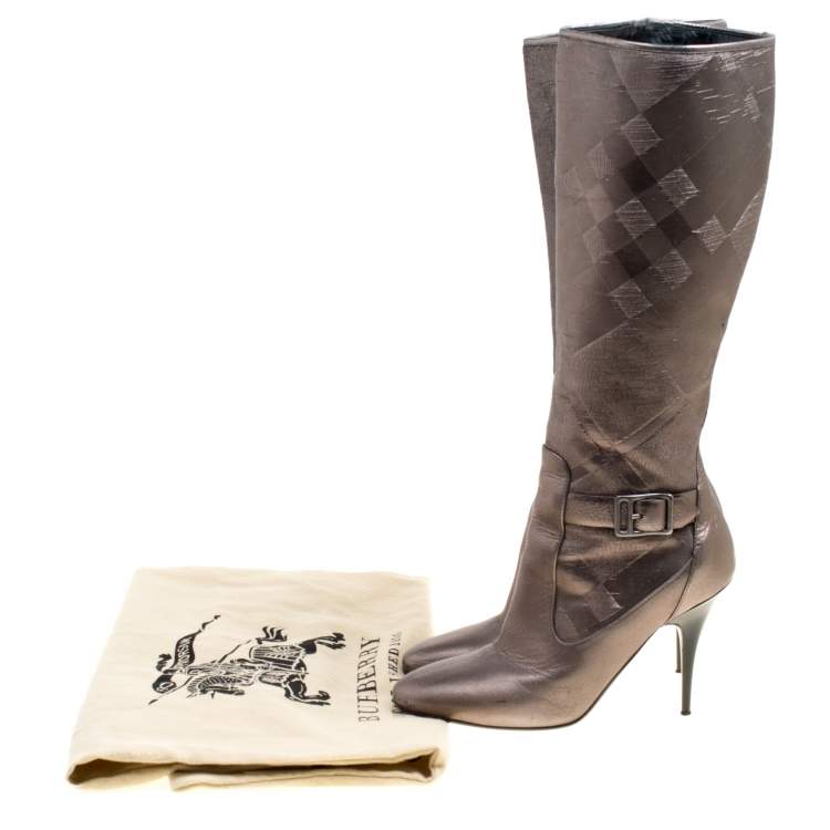 Pre Owned Burberry Metallic Grey Textured Fabric and Leather Buckle Detail Calf Boots Size 37