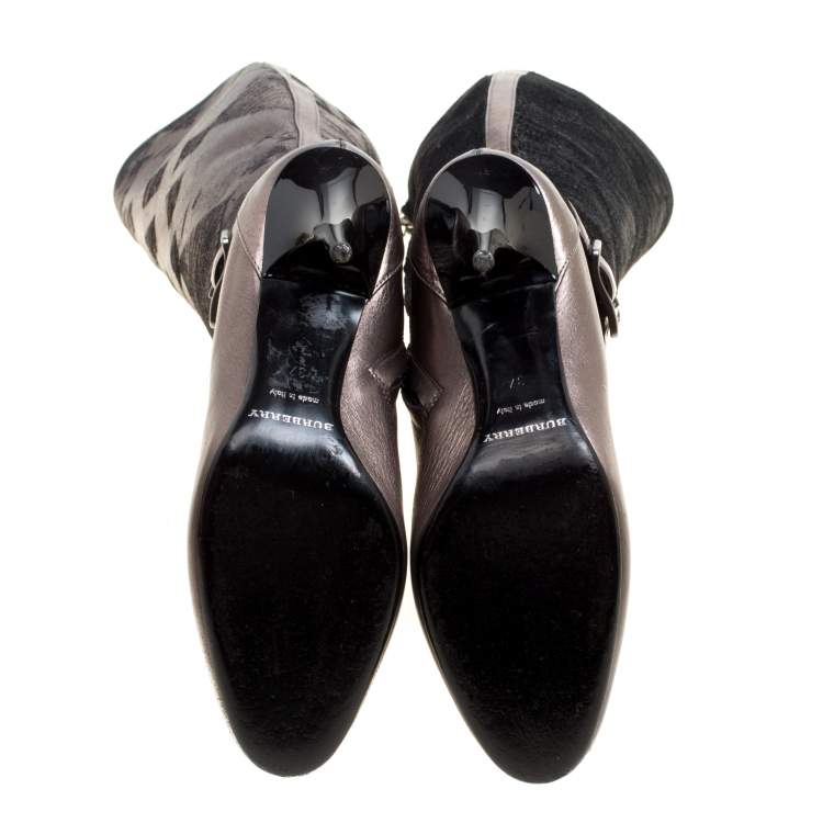 Pre Owned Burberry Metallic Grey Textured Fabric and Leather Buckle Detail Calf Boots Size 37