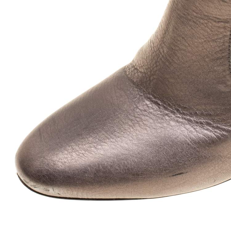 Pre Owned Burberry Metallic Grey Textured Fabric and Leather Buckle Detail Calf Boots Size 37