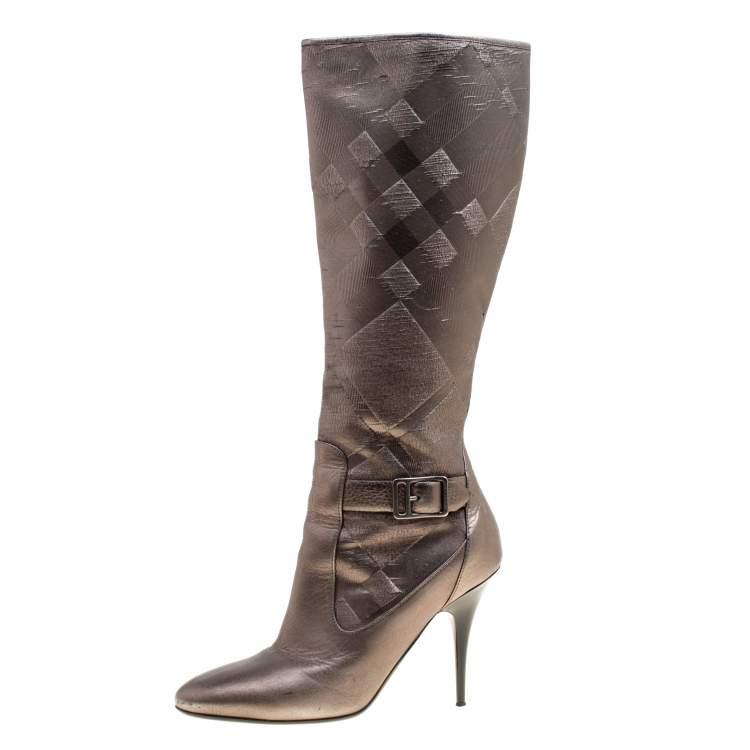 Pre Owned Burberry Metallic Grey Textured Fabric and Leather Buckle Detail Calf Boots Size 37