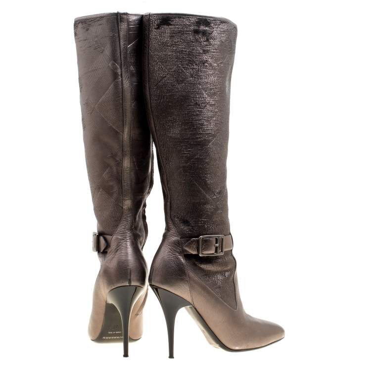 Pre Owned Burberry Metallic Grey Textured Fabric and Leather Buckle Detail Calf Boots Size 37