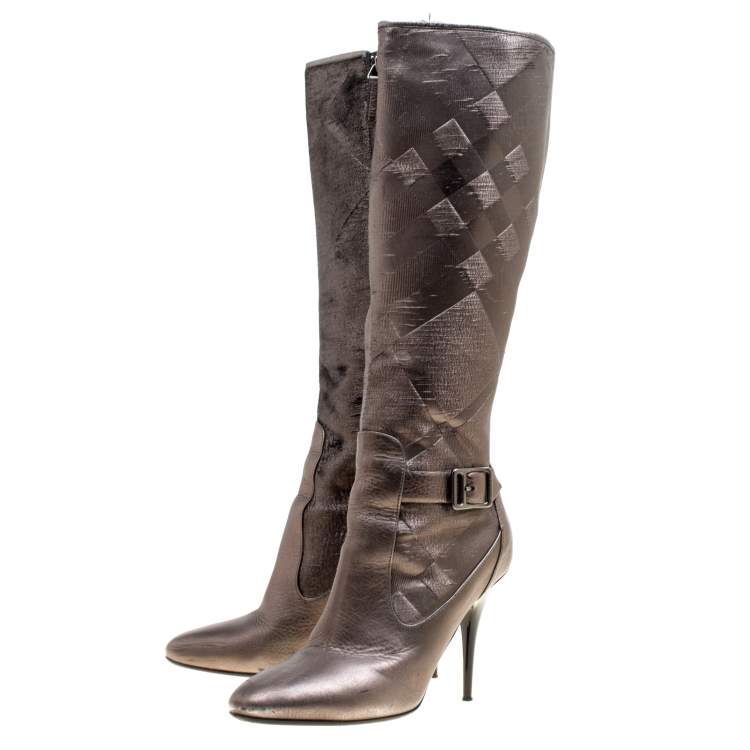 Pre Owned Burberry Metallic Grey Textured Fabric and Leather Buckle Detail Calf Boots Size 37