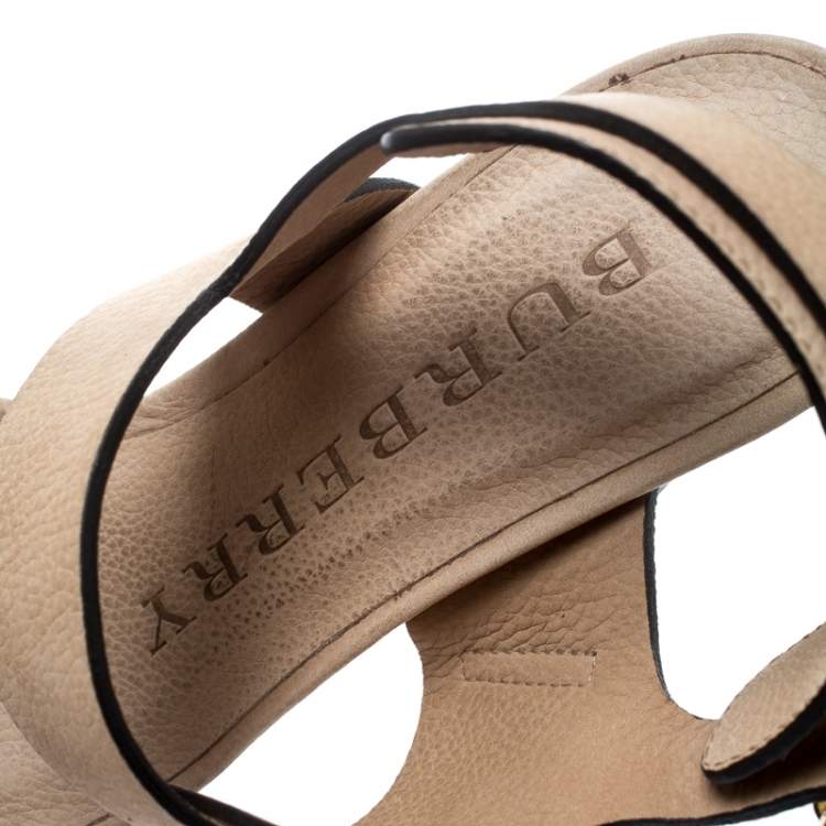Pre Owned Burberry Beige Leather Buckle Detail Platform Wedge Sandals Size 37