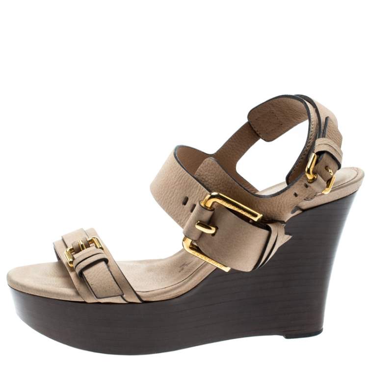 Pre Owned Burberry Beige Leather Buckle Detail Platform Wedge Sandals Size 37