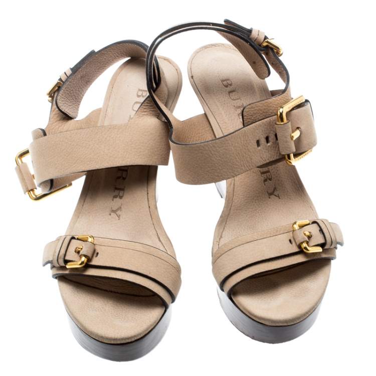 Pre Owned Burberry Beige Leather Buckle Detail Platform Wedge Sandals Size 37
