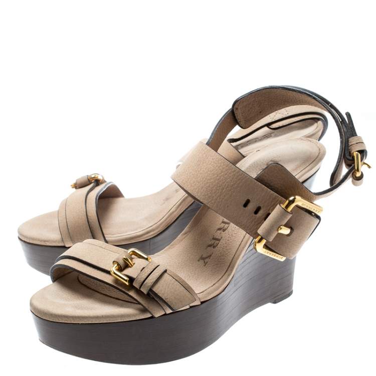 Pre Owned Burberry Beige Leather Buckle Detail Platform Wedge Sandals Size 37