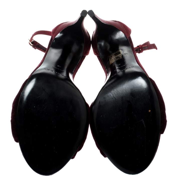 Pre Owned Burberry Burgundy Satin And Velvet Knot Detail Ankle Strap Sandals Size 39