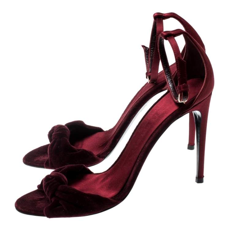 Pre Owned Burberry Burgundy Satin And Velvet Knot Detail Ankle Strap Sandals Size 39