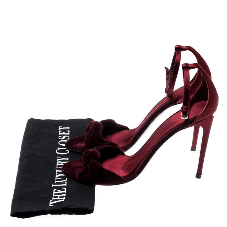 Pre Owned Burberry Burgundy Satin And Velvet Knot Detail Ankle Strap Sandals Size 39