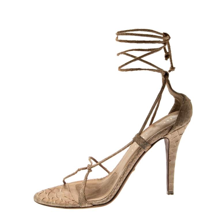 Pre Owned Burberry Beige Python Leather Ankle Wrap Open Toe Sandals Size 38