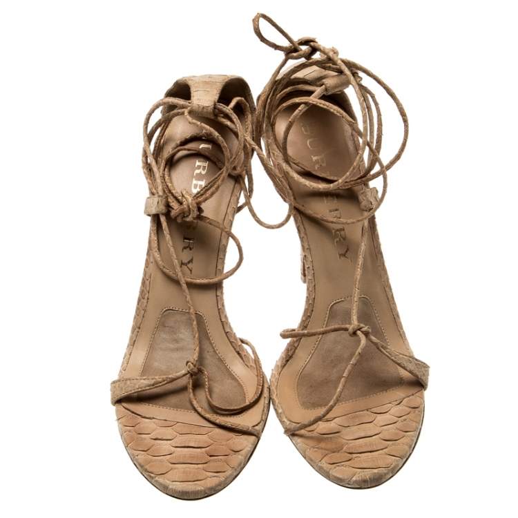 Pre Owned Burberry Beige Python Leather Ankle Wrap Open Toe Sandals Size 38