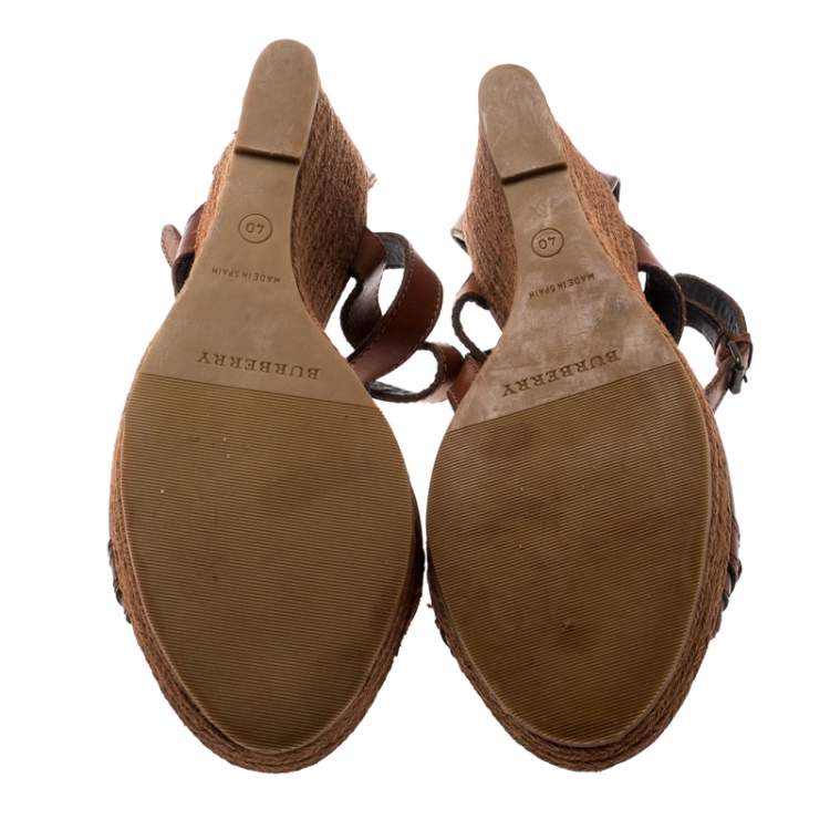 Pre Owned Burberry Brown Leather And Canvas Espadrille Ankle Wrap Wedge Platform Sandals Size 40