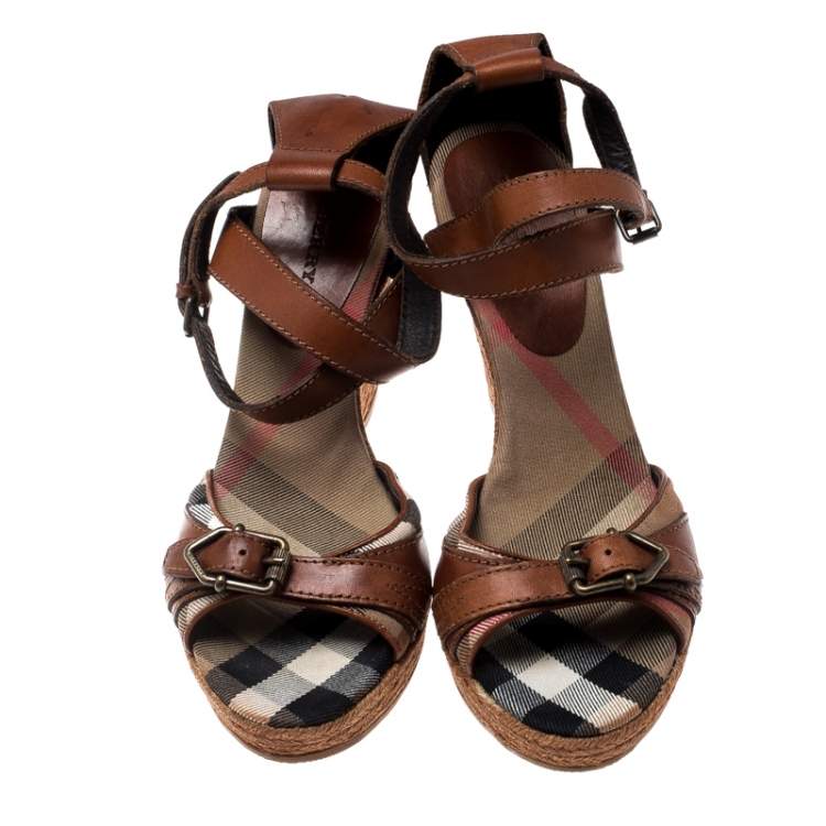 Pre Owned Burberry Brown Leather And Canvas Espadrille Ankle Wrap Wedge Platform Sandals Size 40