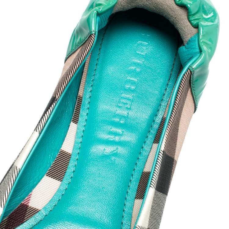 Pre Owned Burberry Turquoise House Check Patent Leather and PVC Cap Toe Ballet Flats Size 38.5