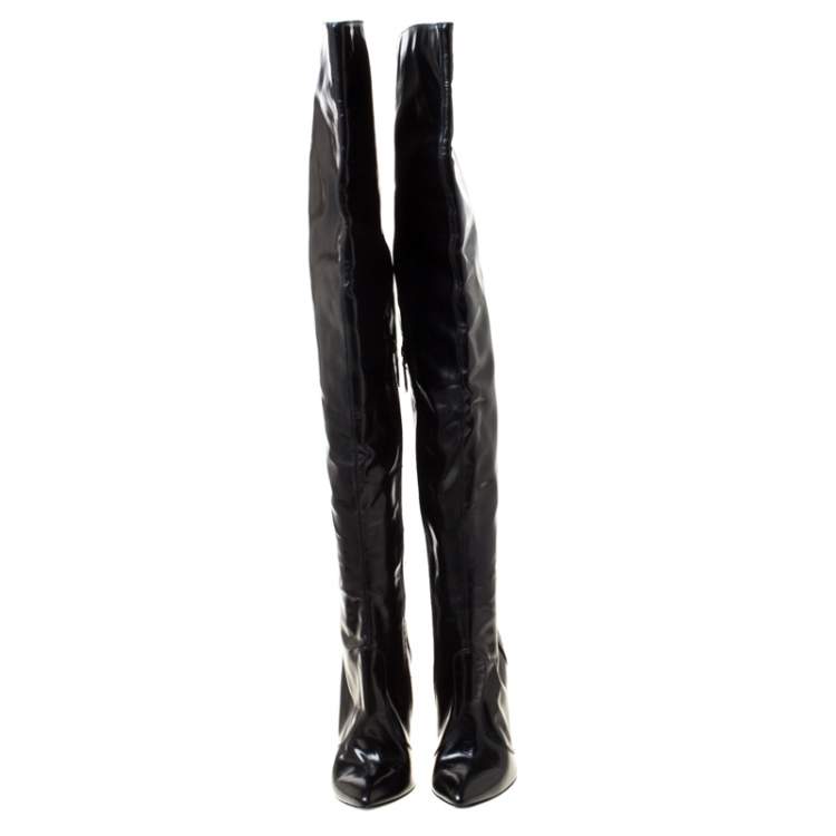 مملوكة مسبقًا Burberry Black Leather Pointed Toe Zipped Thigh High Boots Size 39