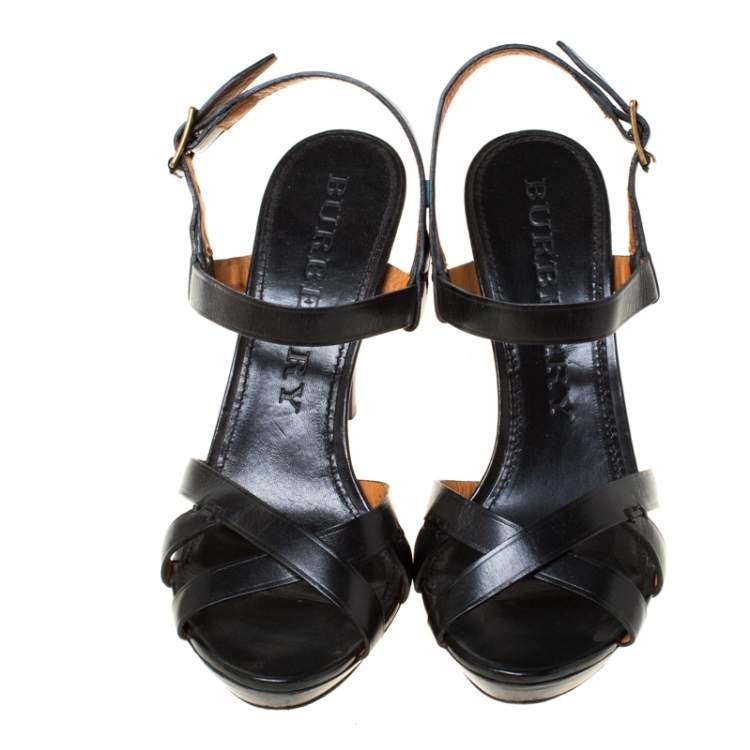Pre Owned Burberry Black Leather Bridle Ankle Strap Sandals Size 41