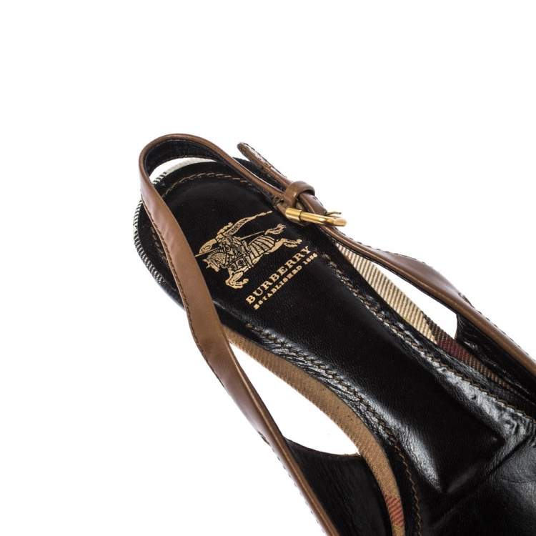 Pre Owned Burberry Brown Nova Check Canvas and Leather Buckle Belt Slingback Flats Size 40