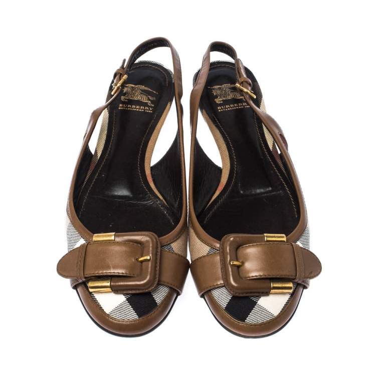 Pre Owned Burberry Brown Nova Check Canvas and Leather Buckle Belt Slingback Flats Size 40