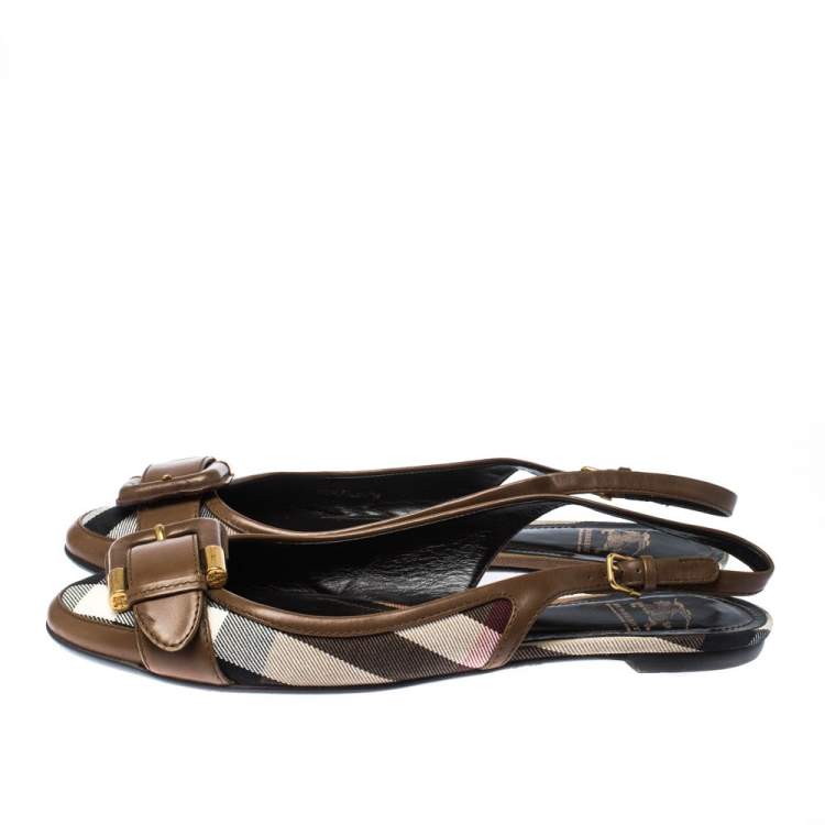Pre Owned Burberry Brown Nova Check Canvas and Leather Buckle Belt Slingback Flats Size 40