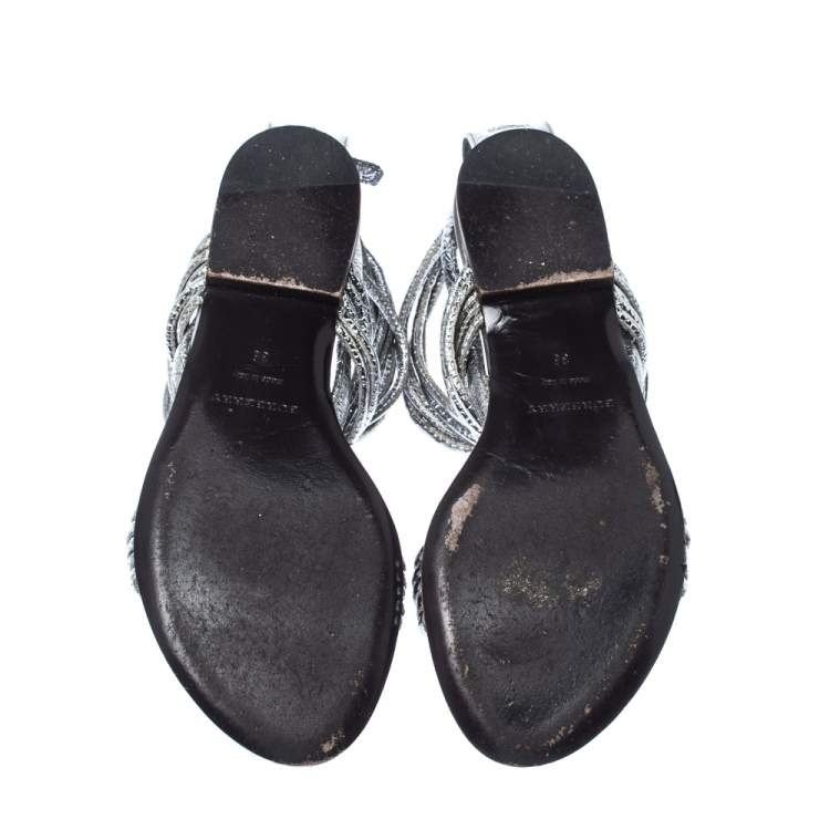 Pre Owned Burberry Metallic Silver Foil Leather Ankle Strap Flat Sandals Size 35