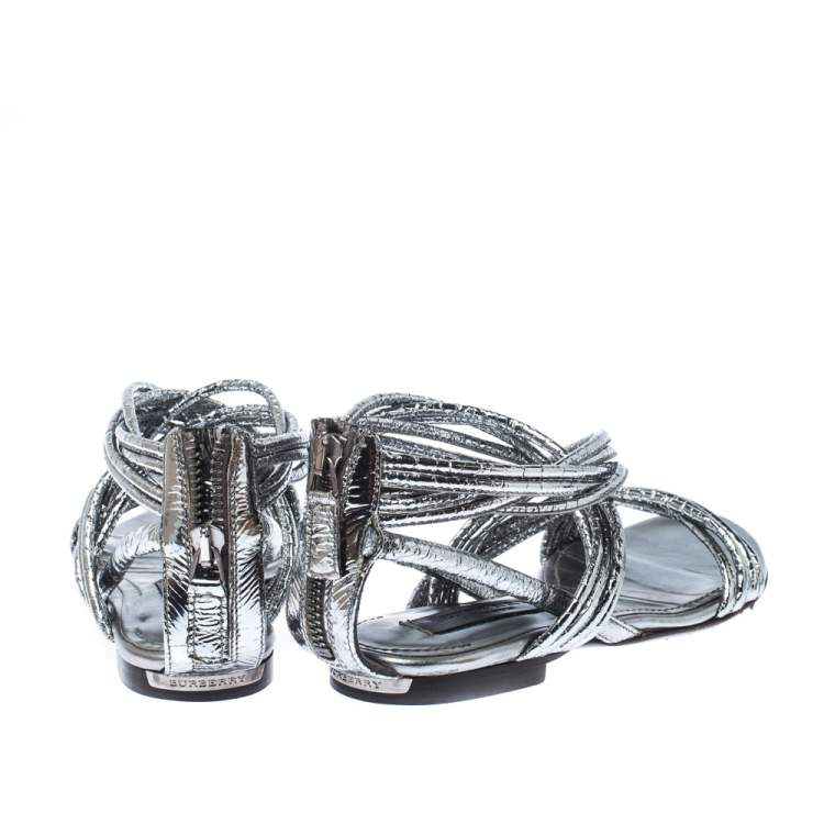Pre Owned Burberry Metallic Silver Foil Leather Ankle Strap Flat Sandals Size 35