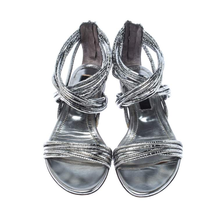 Pre Owned Burberry Metallic Silver Foil Leather Ankle Strap Flat Sandals Size 35