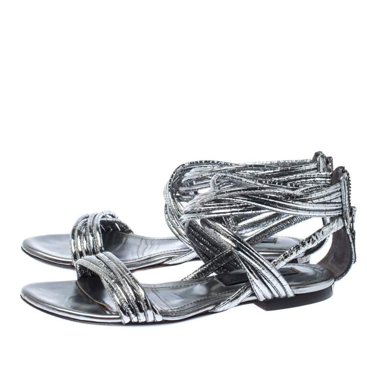 Pre Owned Burberry Metallic Silver Foil Leather Ankle Strap Flat Sandals Size 35