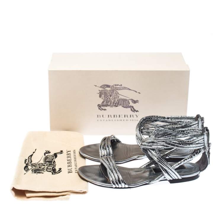 Pre Owned Burberry Metallic Silver Foil Leather Ankle Strap Flat Sandals Size 35