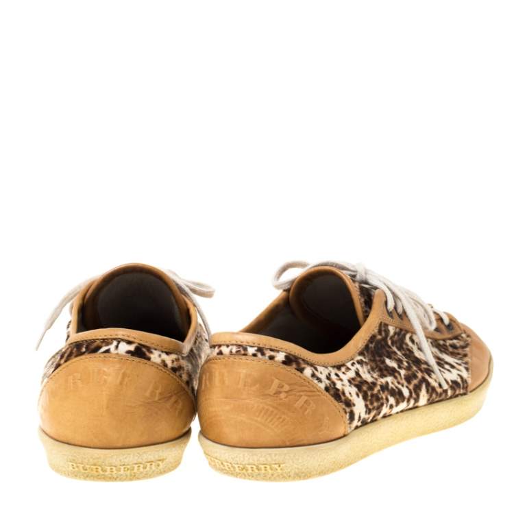 Pre Owned Burberry Brown Leather And Pony Hair Leopard Print Lace Up Sneakers Size 39
