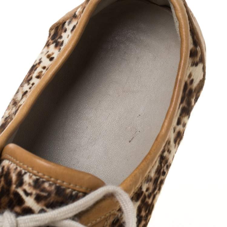 Pre Owned Burberry Brown Leather And Pony Hair Leopard Print Lace Up Sneakers Size 39