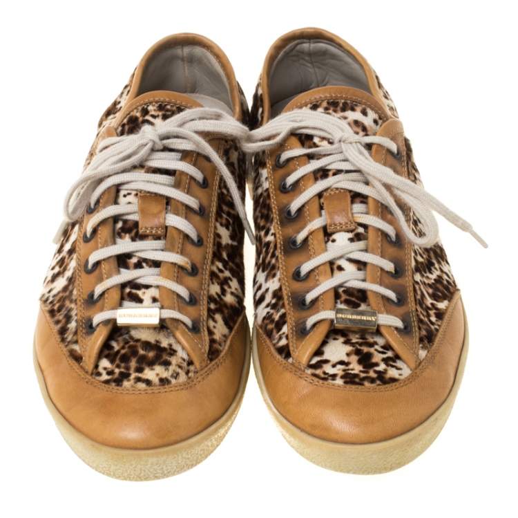 Pre Owned Burberry Brown Leather And Pony Hair Leopard Print Lace Up Sneakers Size 39
