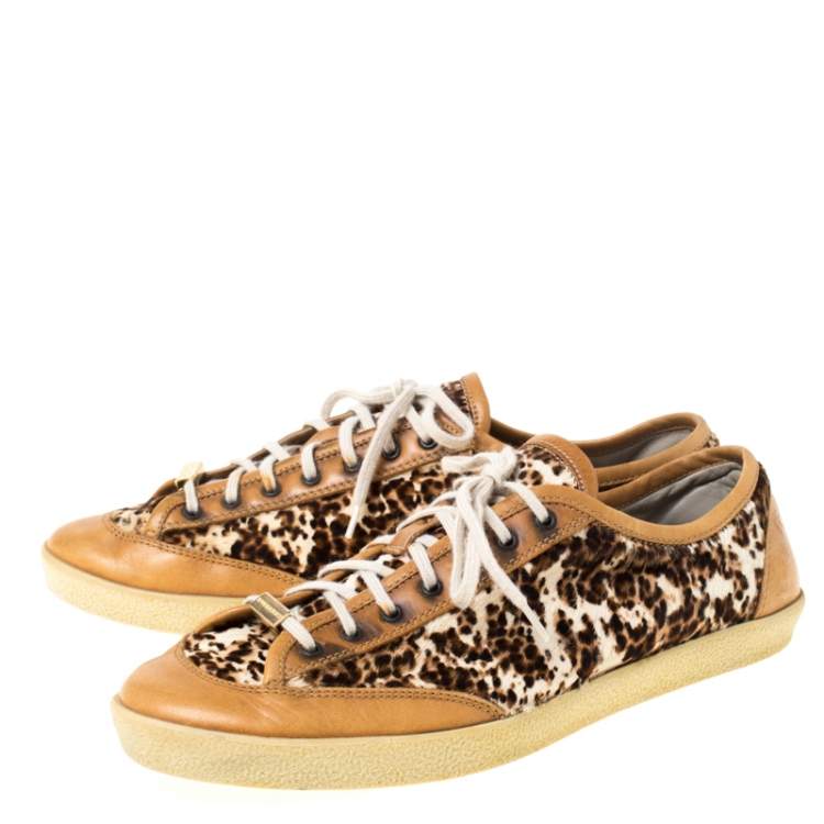 Pre Owned Burberry Brown Leather And Pony Hair Leopard Print Lace Up Sneakers Size 39