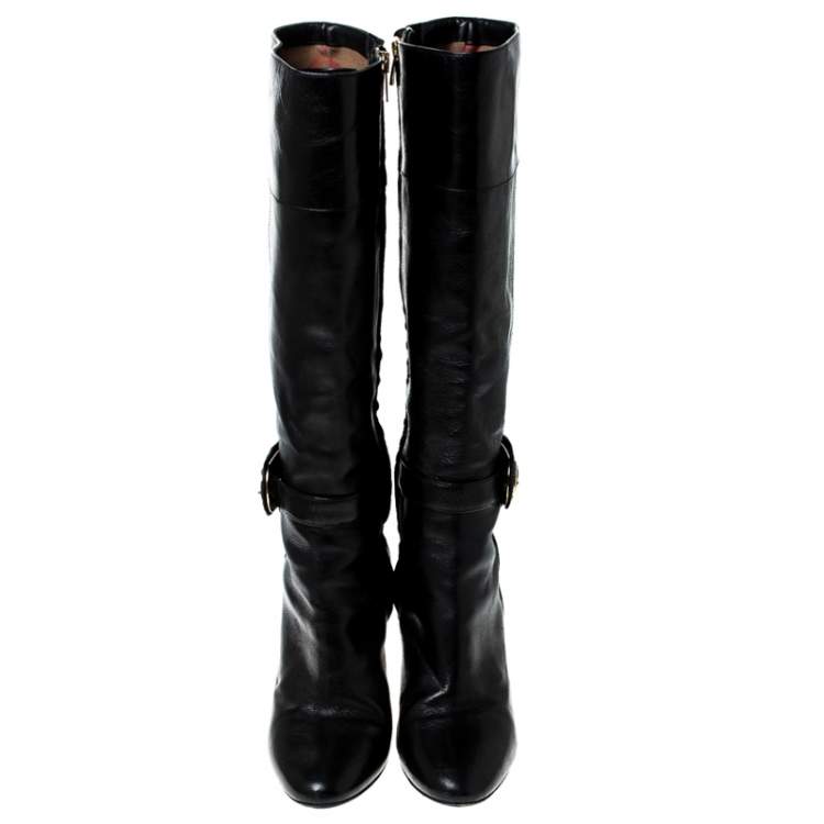 Pre Owned Burberry Black Leather Buckle Pointed Toe Knee Length Boots Size 37