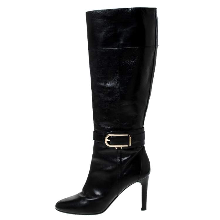 Pre Owned Burberry Black Leather Buckle Pointed Toe Knee Length Boots Size 37