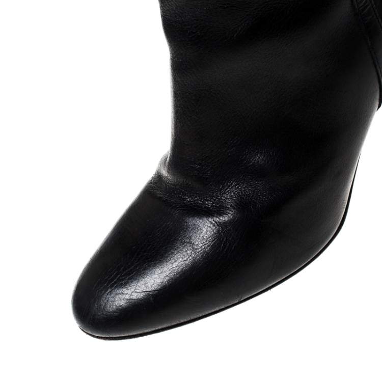 Pre Owned Burberry Black Leather Buckle Pointed Toe Knee Length Boots Size 37