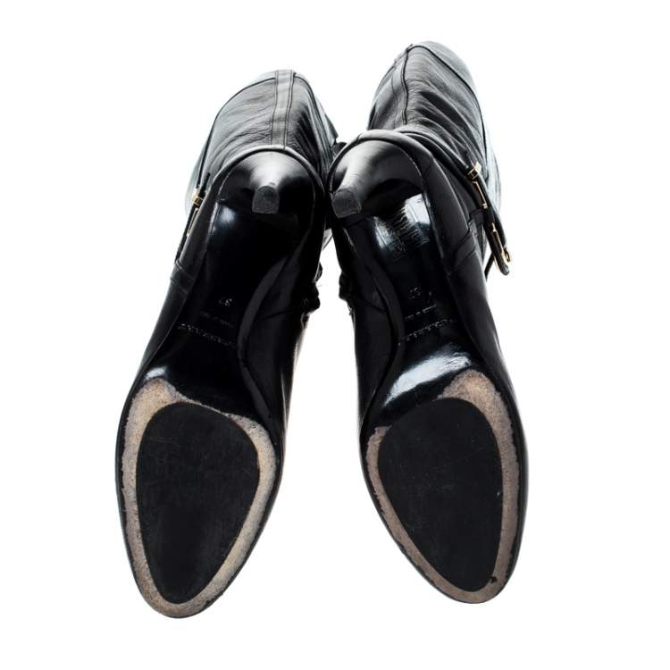Pre Owned Burberry Black Leather Buckle Pointed Toe Knee Length Boots Size 37
