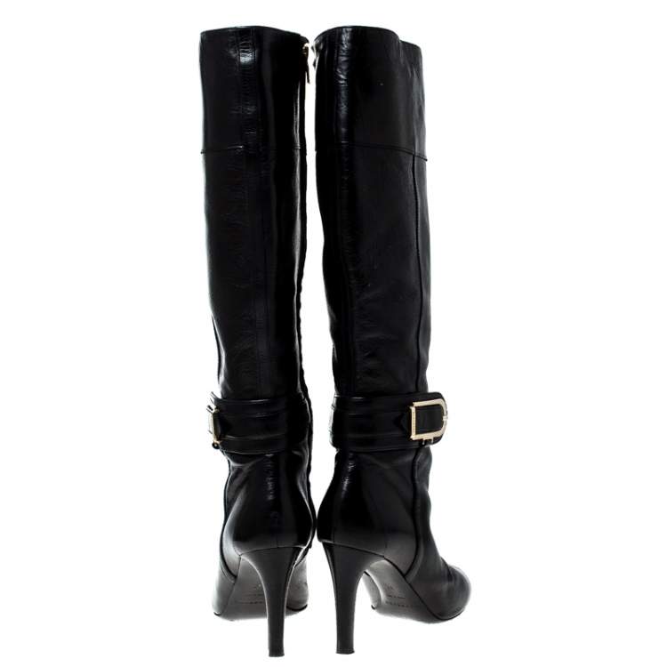 Pre Owned Burberry Black Leather Buckle Pointed Toe Knee Length Boots Size 37