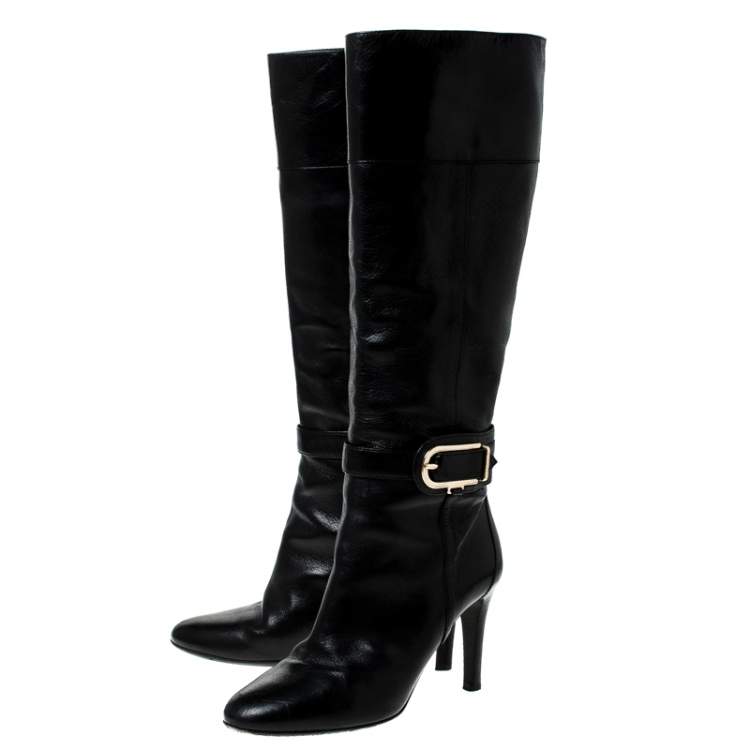 Pre Owned Burberry Black Leather Buckle Pointed Toe Knee Length Boots Size 37