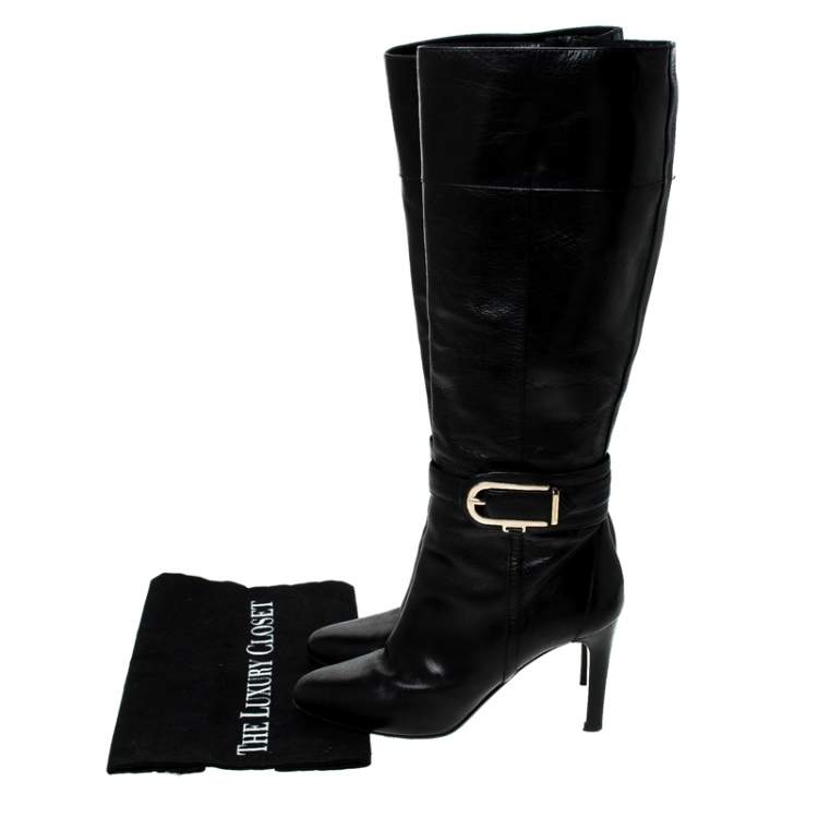 Pre Owned Burberry Black Leather Buckle Pointed Toe Knee Length Boots Size 37