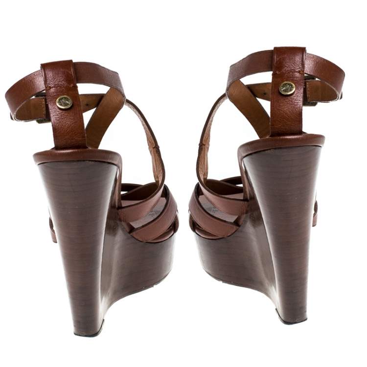 مملوكة مسبقًا Burberry Brown Leather Strappy Wedge Platform Sandals Size 38