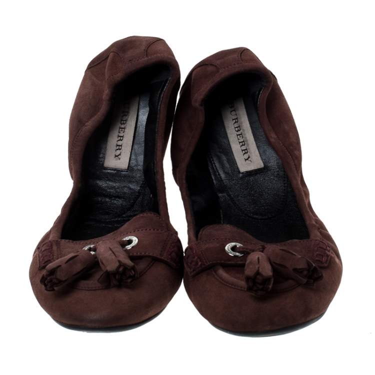 Pre Owned Burberry Brown Suede Tassel Scrunch Ballet Flat Size 39.5