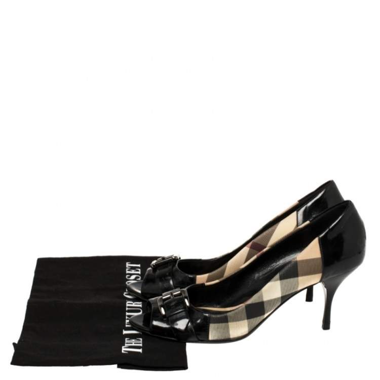 Pre Owned Burberry Black/Beige Nova Check PVC and Patent Leather Buckle Peep Toe Pumps Size 39