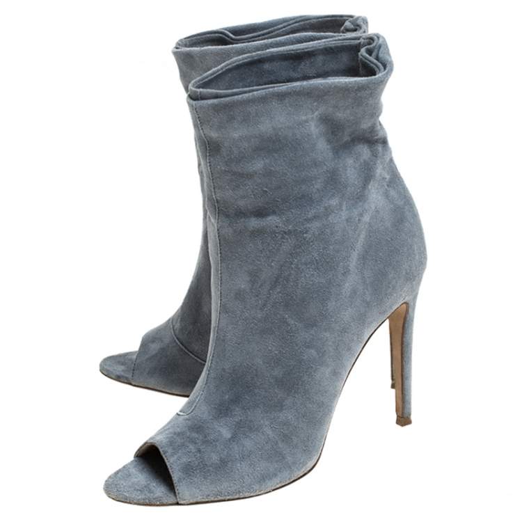Pre Owned Burberry Grey Suede Leather Peep Toe Ankle Booties Size 37