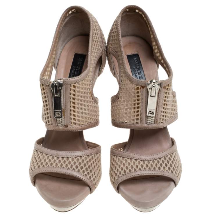 Pre Owned Burberry Beige Cotton Lace And Leather Trim Cut Out Platform Ankle Sandals Size 37